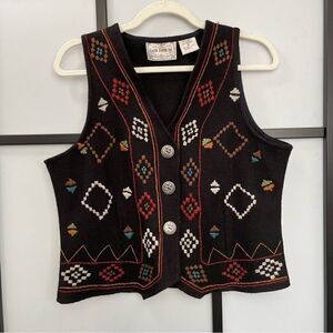 [m] Vintage Razzle Dazzle Black w/ Colourful Embroidery Wool Button-Down Vest